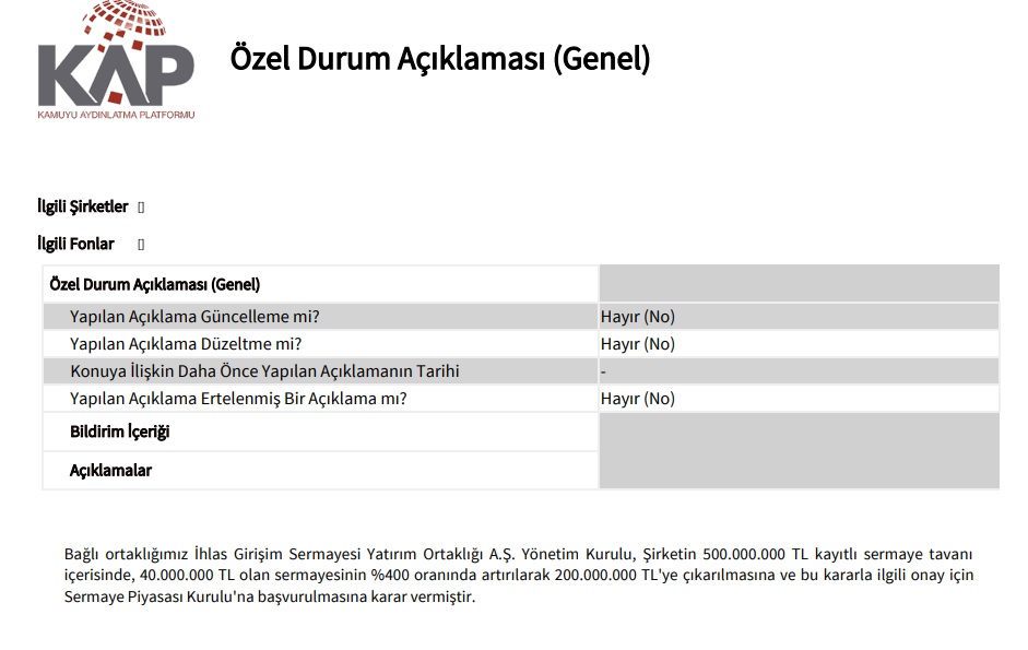 İhlas Kap Bildirimi